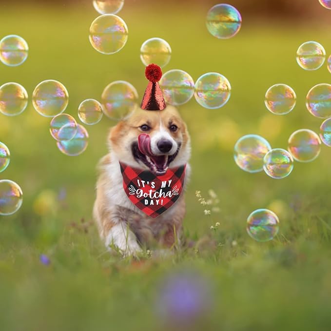 Dog Birthday Bandana Hat Bow Tie Set, 3 Pieces Foldable My Gotcha Day Plaid Dog Bandana Dog Birthday Party Hat with Cute Dog Bow Tie Collar for Dogs Cats Pets, Red