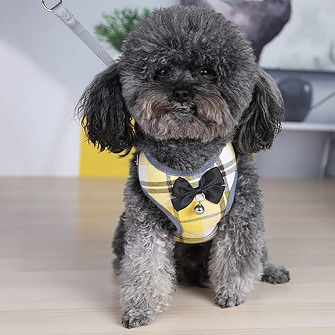 Dog Harness and Leash Set, Soft Mesh No Pull Dog Cat Harness Vest with Bowtie Bell for Small Dogs Puppy and Cats Outdoor Training and Running Classic Plaid Pattern (Small(9.0"-16.5"), Yellow Plaid)