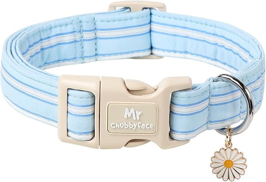 Cotton Dog Collar, Cute Blue Summer Puppy Collar with Plastic Buckle, Adjustable Soft Natural Fabric Pet Collar for Small Medium Large Dogs