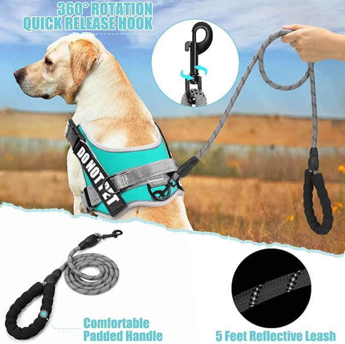 Dog Vest Harness and Leash Set, Animire Reflective Service Dog Vest in Training Dog Harness with 10 Patches, 3 Rings Emotional Support Therapy Dog Harness for Small Medium Large Dogs(Teal,L)