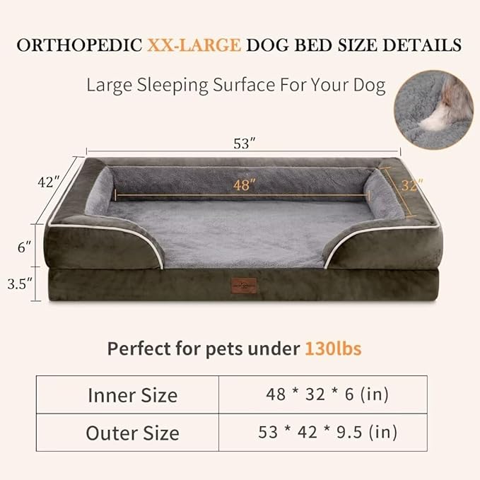 Comfort Expression XXL Orthopedic Dog Bed for Extra Large Dogs, Waterproof Orthopedic Foam Dogs Beds, Washable Dog Sofa Bed with Non-Slip Bottom & Removable Cover(XX-Large,Dark Green)