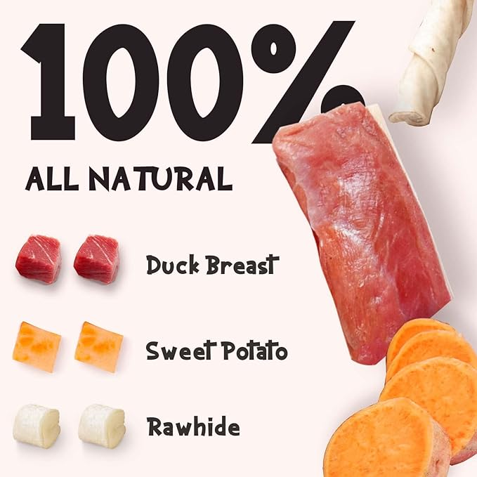 ASMPET Dog Treats for Medium Dogs, Duck Jerky Wrapped Rawhide Sweet Potato Dog Chews Long Lasting High Protein Low Fat Healthy Grain-Free Duck Jerky Dog Treats Large Breed Small Dogs（6pcs）