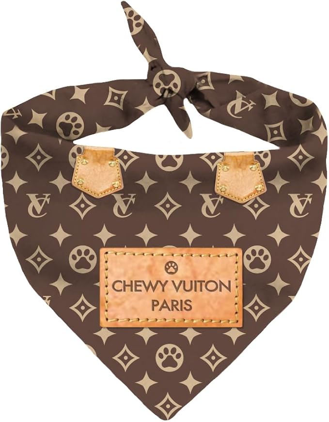 Dog Bandana Chewy Vuiton Designer Fashion Clothes Scarf Kerchief for Small Medium and Large Dogs. Funny Parody Gift for Girl or boy Dog Soft Durable Fabric, Adjustable tie-on Style Triangle