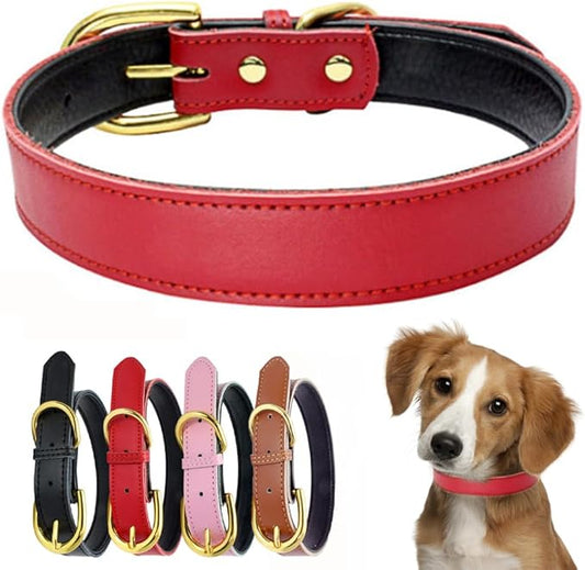 Leather Collar for Small Dogs, Soft Touch Padded Thick Genuine Cowhide Gold Buckle Durable Pet Cat Collars Adjustable for XS Puppy Medium Dogs, Red XSmall
