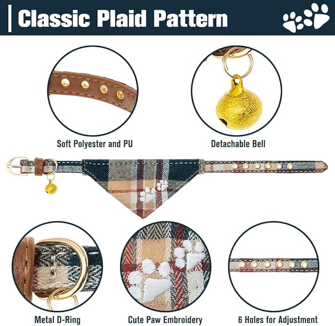 EXPAWLORER Puppy Collar and Leash Set - Embroidered Pawprints Plaid With Bow Tie, Bandana, and Bell for Dogs Cats Outdoor Walking, Khaki XS