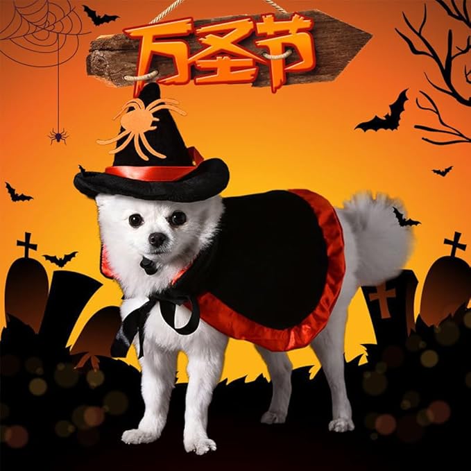 Dog Cats Witch Halloween Costume Cape Suit, Spider Wizard Cloak & Hat for Puppy Cosplay Clothes Apparel, Pets Cute Outfit Dress Up Accessories for Halloween Party Decor