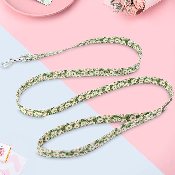 Tunkoo Dog Leash Floral with Soft Comfy Cotton Handle，Girl Pet for Small Medium Large Dogs Cats Daily Walking（Green Flowers，L）