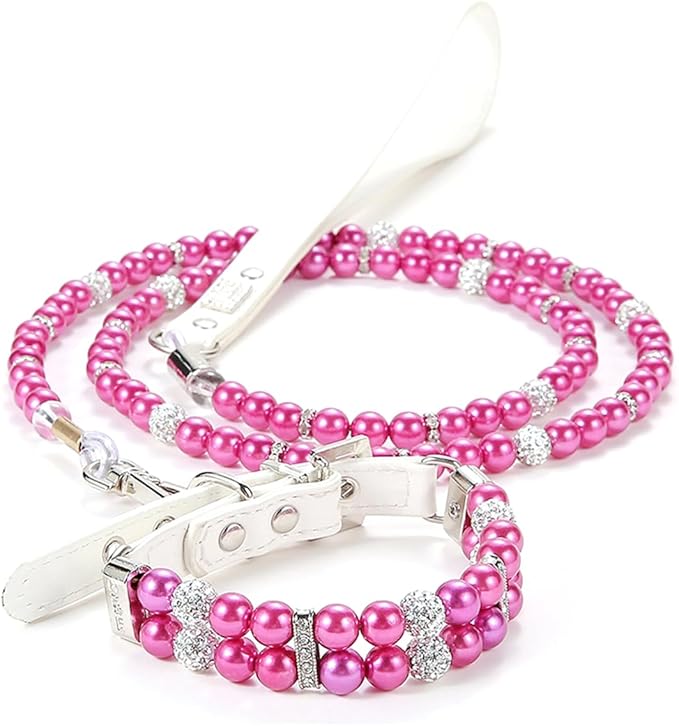 Purple Pearl Dog Collars for Small Dogs, Beaded Cat Collar Leash Set Puppy Necklace with Crystal Rhinestone Diamond for Girl Kitten XXSmall Small Medium Dogs Wedding & Birthday Party, XXS