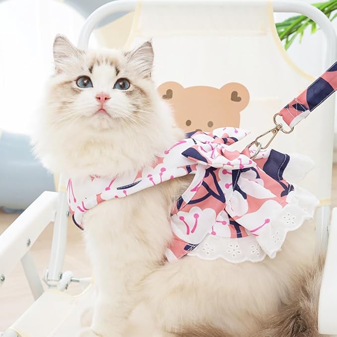 Daisy Floral Dog Harness and Leash Set - Bow Knot Girl Puppy Princess Skirt with D-Ring Mesh Summer Pet Clothes for Cat Dogs (Pink, X-Large)