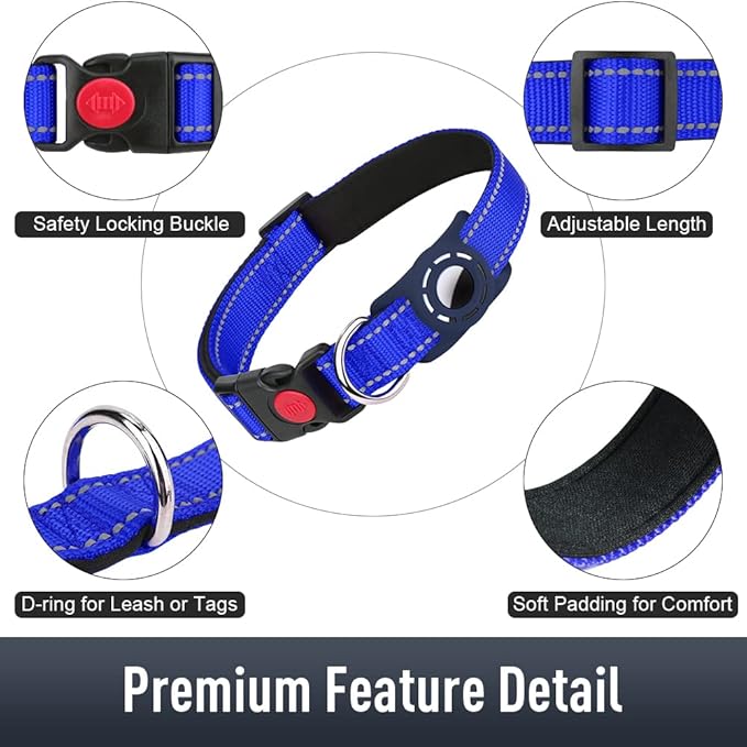 Airtag Dog Collar with AirTag Holder for Puppy Small Dogs, Reflective, Soft Padded & Safety Locking Buckle, Nylon Pet Collars Adjustable for All Breeds, NavyBlue,XS