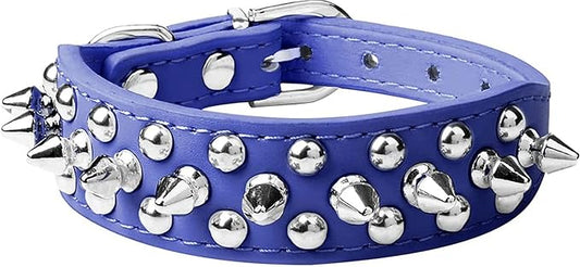 Spiked Dog Collar Soft Pu Leather Mushrooms Rivet Spike Studded Puppy Adjustable Pet Collars for Small Breeds (L, Dark Blue)