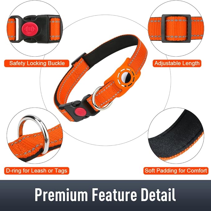 Airtag Dog Collar with AirTag Holder for Small Dogs, Reflective, Soft Padded & Safety Locking Buckle, Nylon Pet Collars Adjustable for All Breeds, Orange,S