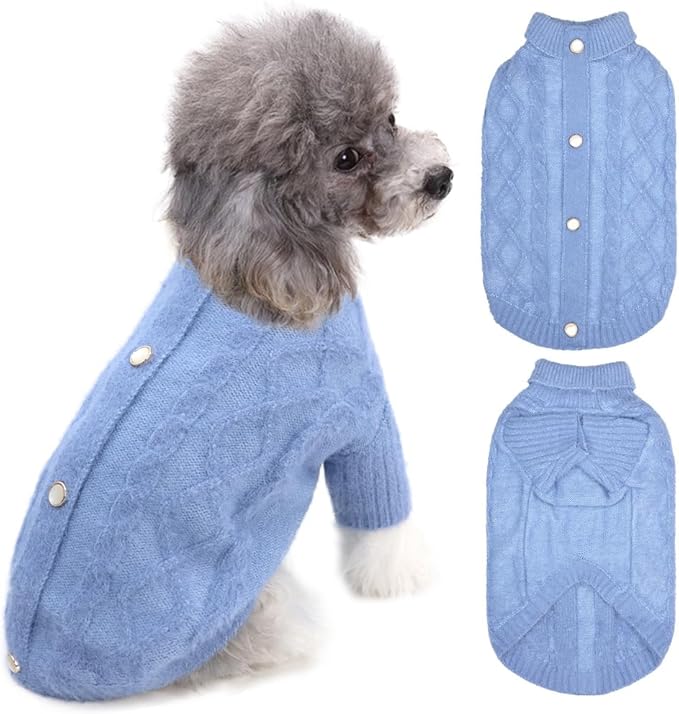 Turtleneck Dog Pullover Sweater - Dog Knitted Sweater with Buttons, Puppy Outfits Blue Winter Warm Pet Clothes Cat Apparel for Small Medium Dogs Cats (Blue, XL)