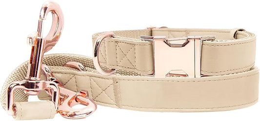 Soft Leather Dog Collar and Leash (6.6') Set - Stylish Rose Gold Heavy Duty Metal Buckle, 4 Adjustable Lengths Leash for Small Medium Large Dogs - Comfortable & Easy to Clean Beige M(13.8"-19.7")