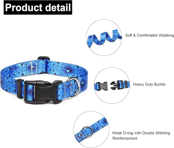 Adjustable Dog Collar with Patterns, Ultra Comfy Soft Nylon Breathable Pet Collar for Small Medium Large Dogs (L, Blue Ocean)