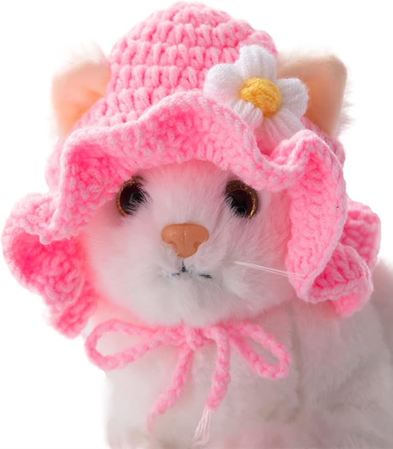 QWINEE Cartoon Design Knit Cute Dog Hat Soft Cat Hat Rabbit Hat Halloween Christmas Party Costume Head Wear Accessories for Puppy Cat Kitten Small Dogs Small Animals Pink and White Medium