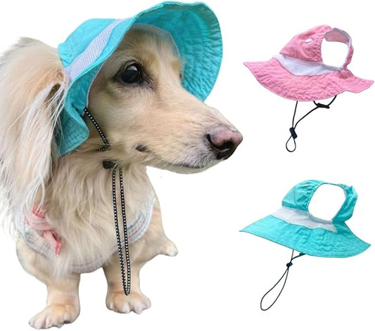 Dog Outdoor Hat with Ear Hole Round Brim Summer Dog Puppy Cat Suncare Cooling Bucket Hat Cute Active Sun Protection Pet Caps (Blue, Medium)