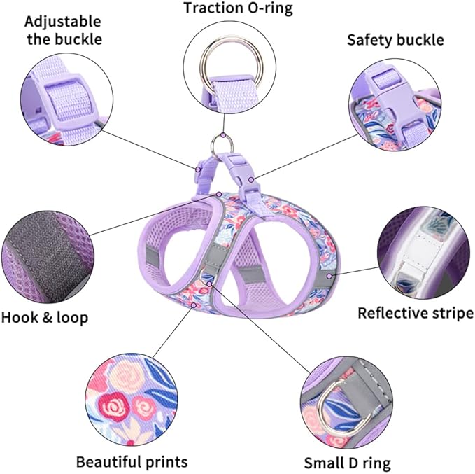 Step in Dog Harness and Leash Set, Flower Adjustable Easy Walk Puppy Harnesses, Soft Mesh Pet Vest Harness Small Size Dog Adjustable No Pull Dog Harness for Small Medium Dogs(Light Purple, S)