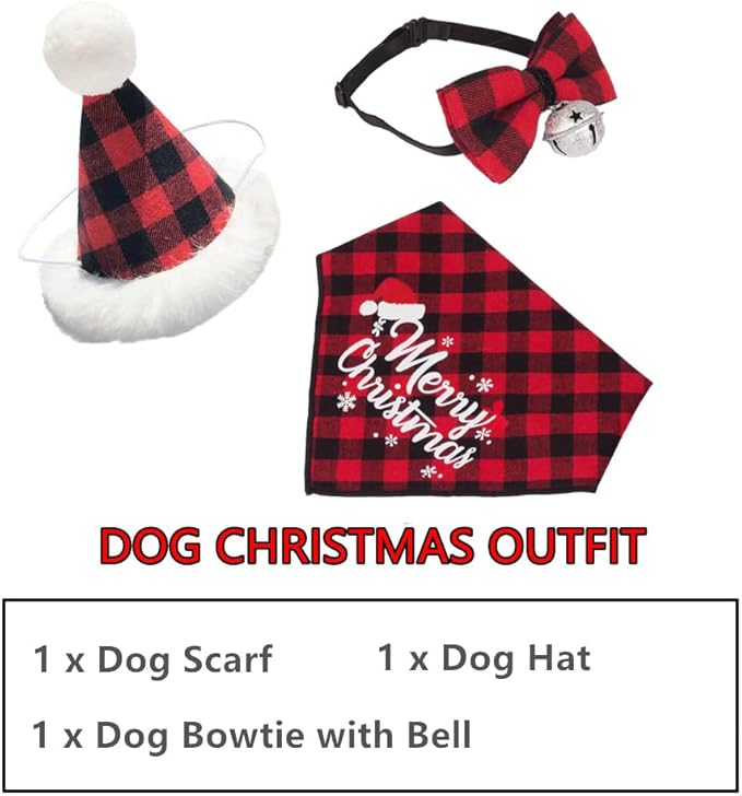 ADOGGYGO Christmas Dog Bandana Hat Bowtie, Red Plaid Pet Christma Hat Scarf Xmas Outfit Costume Accessories for Medium Large Dogs (Large)