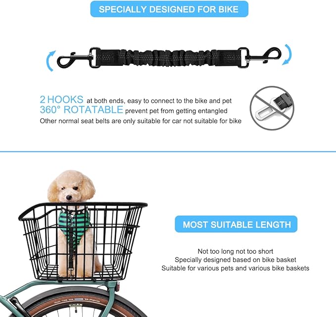 Dog Seat Belt for Bike Basket, Retractable Bicycle Dog Seatbelt, Elastic Pet Safety Leash Harness for Cat, Dog Leash Extension Attachment Shock Absorbing Lead Extension Absorber (Black)