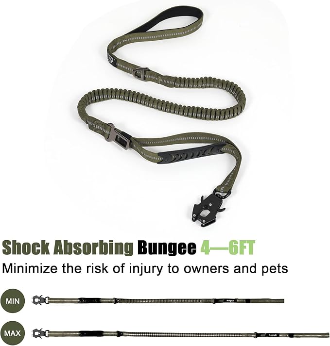 Raipult Tactical Heavy Duty Dog Leash,4-6FT Strong Bungee Dog Leashes with Frog Clip & Car Seatbelt，Reflective Walking Lead with 2 Handles for Medium Large Dogs,Green