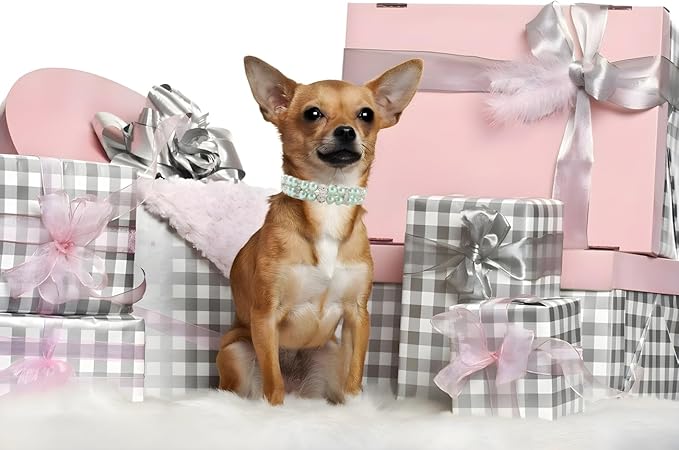 Green Pearl Dog Collars, Beaded Cat Collar Pu Leather Puppy Necklace with Crystal Rhinestone Diamond for Girl Kitten XXSmall Small Medium Female Dogs Jewelry Wedding & Birthday Party, S