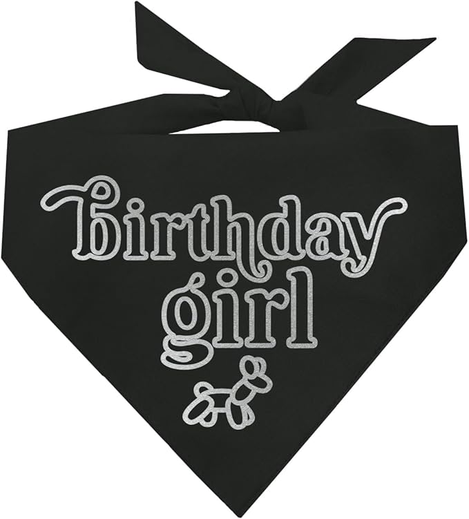 Birthday Girl Metallic Printed Dog Bandana | 100% Cotton Adjustable Triangle | Birthday Pawty | Party Theme | Celebration Supplies | Photoshoot Prop |Black, Silver Foil (1329)