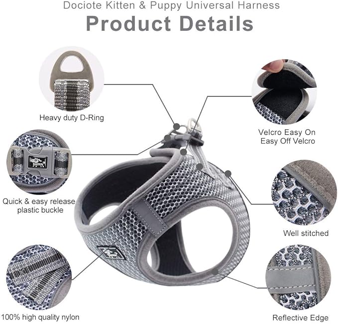 Dog and Cat Universal Harness with Leash - Cat Harness Escape Proof - Adjustable Reflective Step in Dog Harness for Small Dogs Medium Dogs - Soft Mesh Comfort Fit No Pull No Choke (S, Grey)