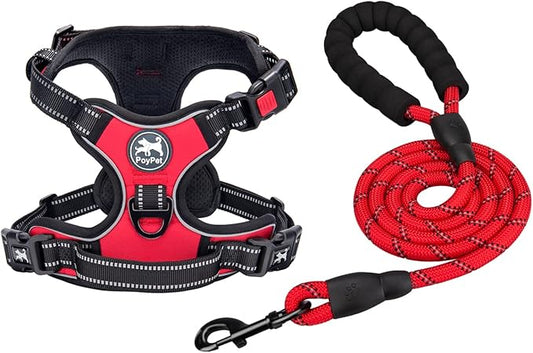 PoyPet Dog Harness and Leash Combo, Escape Proof No Pull Vest Harness, with 5 Feet Leash, Reflective Adjustable Soft Padded Pet Harness with Handle for Small to Large Dogs(Red,L)