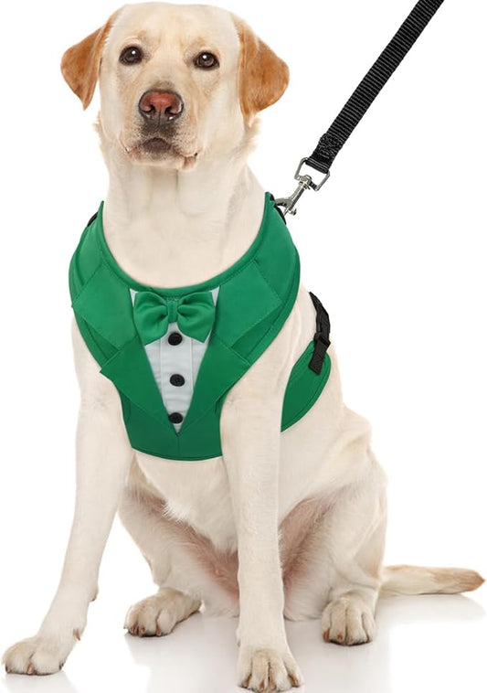 Kuoser Dog Tuxedo Harness, Adjustable Dog Harness No Pull for Small Medium Dogs, Dog Wedding Suit with Bow Tie Party Costume Green XL