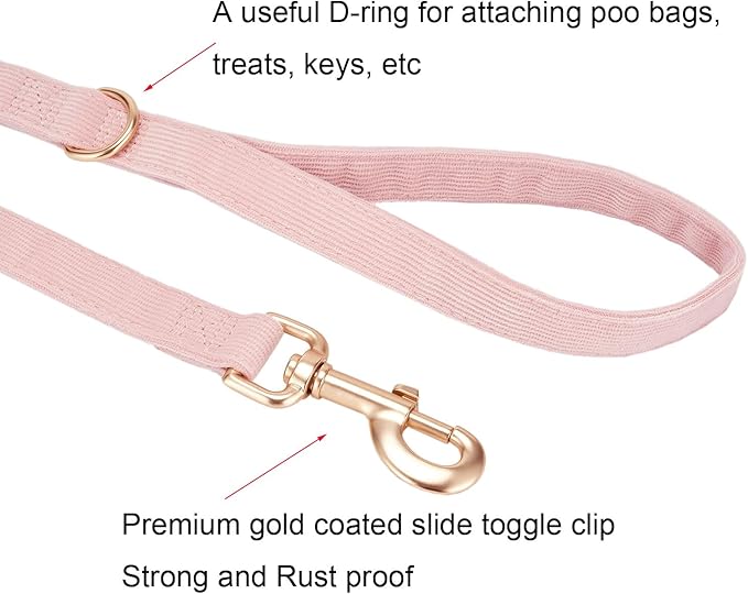Soft Corduroy Dog Collar and Leash Set, Adjustable Cotton Dog Collars with Metal Buckle and Lead for Small Dogs,Baby Pink