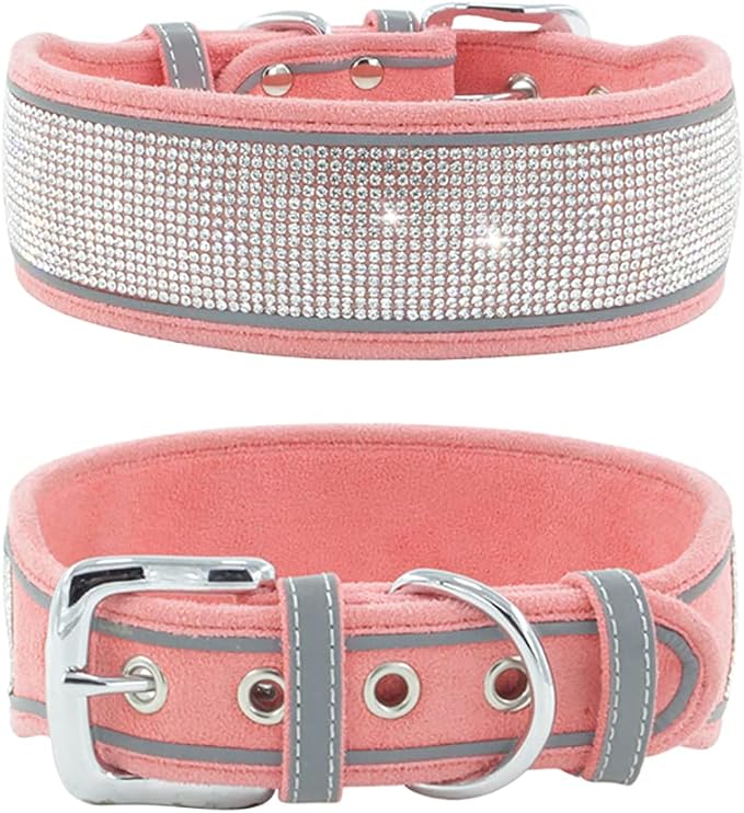 Bling Rhinestone Dog Collar Soft Comfortable Stylish Dog Collar with Bright Reflective Stripe Premium Adjustable Diamond Crystal Pet Collar for Small Medium and Large Dogs (M, Pink)