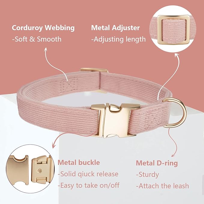 Soft Corduroy Dog Collar and Leash Set, Adjustable Cotton Dog Collars with Metal Buckle and Lead for Small Dogs,Baby Pink