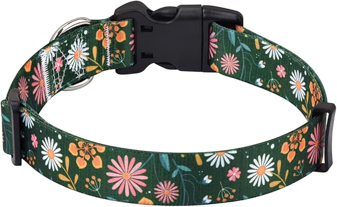 Dog Collar with Bohemia Floral Tribal Geometric Patterns - Soft Ethnic Style Collar Adjustable for Small Medium Large Dogs(Dark Green Flower,XS)