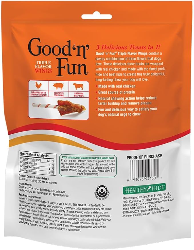 Good ‘n’ Fun Triple Flavor Wings Chews for All Dogs, 12 Ounces, Treat Your Dog to Long-Lasting Chews Made with Chicken, Pork Hide and Beef Hide, Pack of 2
