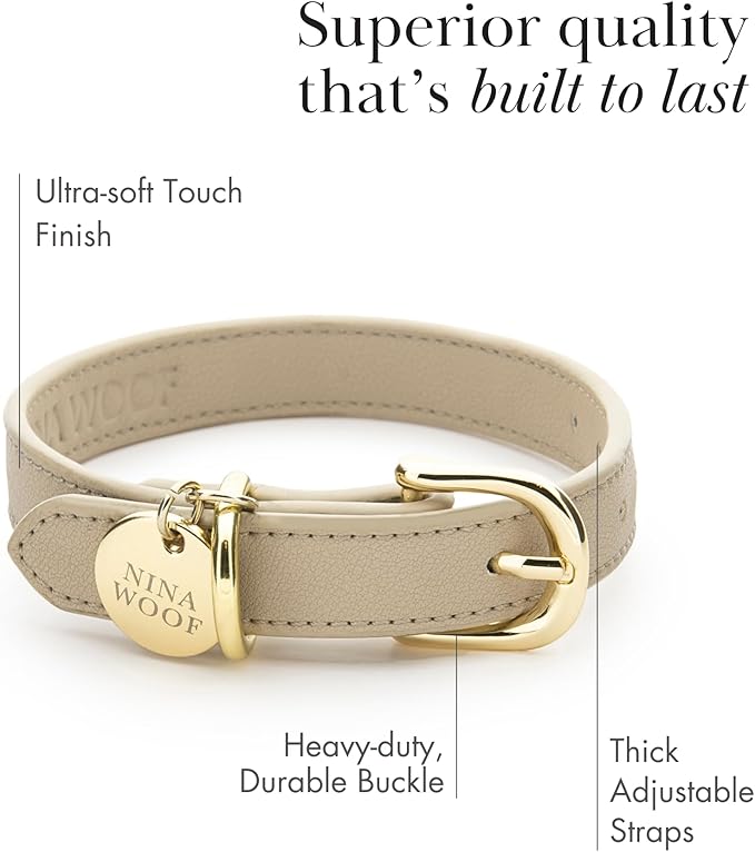 Copenhagen Leather Dog Collar - Handmade with Vegan Soft Leather Round Padded Collar with Adjustable Buckle for Extra Small, Small, Medium, and Large Dogs - Color Beige, Extra Small