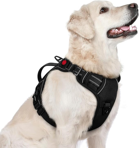 rabbitgoo Dog Harness for Large Dogs, No Pull Pet Harness with Soft Padded Handle, Adjustable Reflective Vest with 3 Buckles, Easy Walking Harness with 2 Leash Clips, Black, L