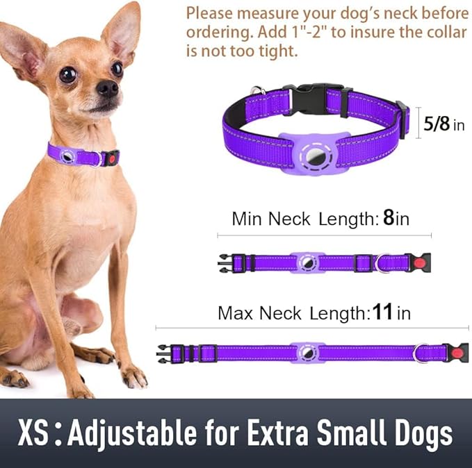 Airtag Dog Collar with AirTag Holder for Puppy Small Dogs, Reflective, Soft Padded & Safety Locking Buckle, Nylon Pet Collars Adjustable for All Breeds, Purple,XS