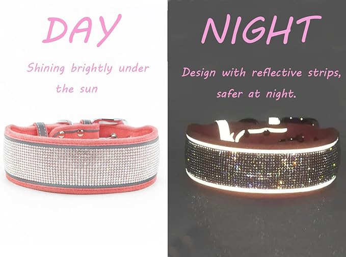 Bling Diamond Dog Collar for Females Girls,Soft Velvet Leather with Fancy Sparkly Crystal Rhinestones,Reflective Stripe,Suit Medium Large Dogs (Hot Pink,Adjust:12''-16'')