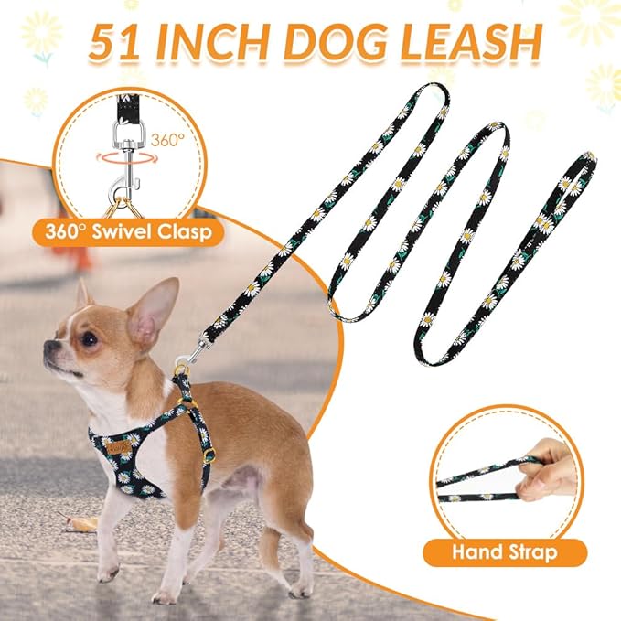 SlowTon No Pull Dog Harness with Leash - Soft Lightweight Floral Pattern Puppy Harness, Adjustable Pet Harness for Small Medium Dogs (Black Daisy XS)