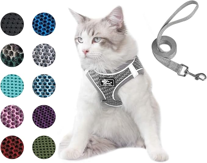 Dog and Cat Universal Harness with Leash - Cat Harness Escape Proof - Adjustable Reflective Step in Dog Harness for Small Dogs Medium Dogs - Soft Mesh Comfort Fit No Pull No Choke, Grey, L