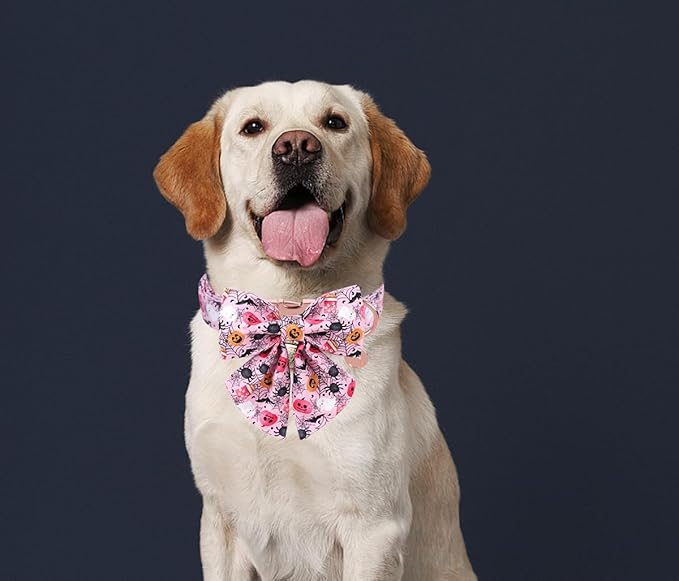 DOGWONG Fall Dog Collar with Bowtie - Fall Dog Collar Soft Cotton Autumn Dogs Necklace - Pink Halloween Puppy Necklace for Small Medium Large Dogs