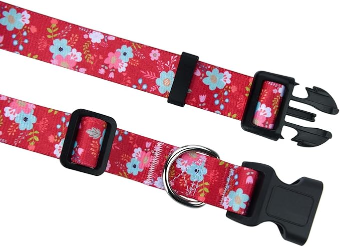 Dog Collar and Leash Set with Bohemia Floral Tribal Geometric Patterns - Soft Ethnic Style Collar Adjustable for Small Medium Large Dogs(Red Floral Set,XS)