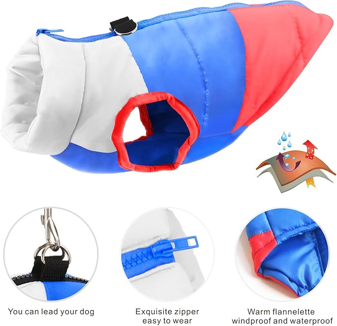 Idepet Pet Dog Cat Coat with Leash Anchor Color Patchwork Padded Puppy Vest Jacket Teddy Chihuahua Costumes Pug Cloth XS S M L (Medium, Red)