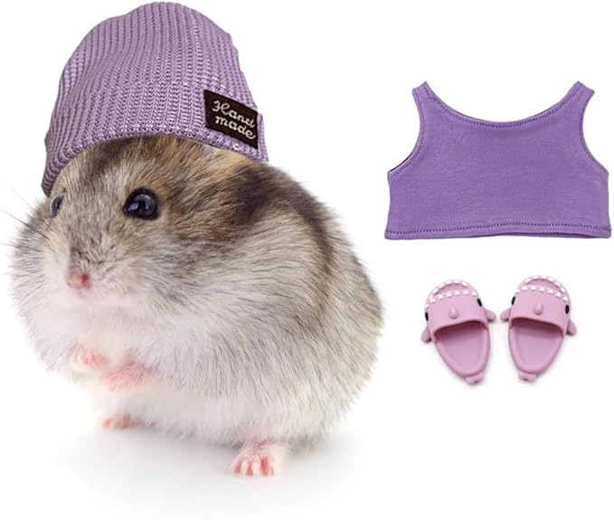 Hamster Costume Set with Shirt, Hat, Shoes, Small Animal Cute Shark Slipper for Real Pets, Cute Mini Rat Holiday Party Clothes, for Fun, Photos. (Purple)