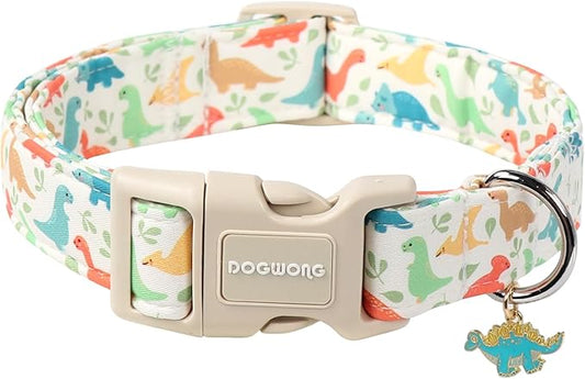 DOGWONG Dinosaur Cotton Dog Collar, Summer Cute Dog Collar Durable Soft Fabric Male Pet Dog Collars Boy Puppy Necklace for Small Medium Large Dogs