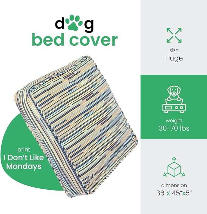 Molly Mutt Huge Dog Bed Cover - I Don’t Like Mondays Print - Measures 36" x45"x5"- 100% Cotton - Durable - Breathable - Sustainable - Machine Washable Dog Bed Cover