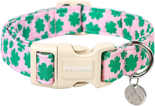 DOGWONG St. Patrick's Day Dog Collar, Pink Lucky Clover Shamrock Dog Collar Soft Durable Adjustable Costume Lucky Charm Puppy Collar for Small Medium Large Dog