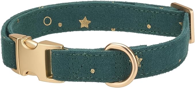 Cotton Dog Collar with Metal Buckle Adjustable Soft Dog Collars with Gold Star for Small Medium Large Dogs,Dark Green,Medium