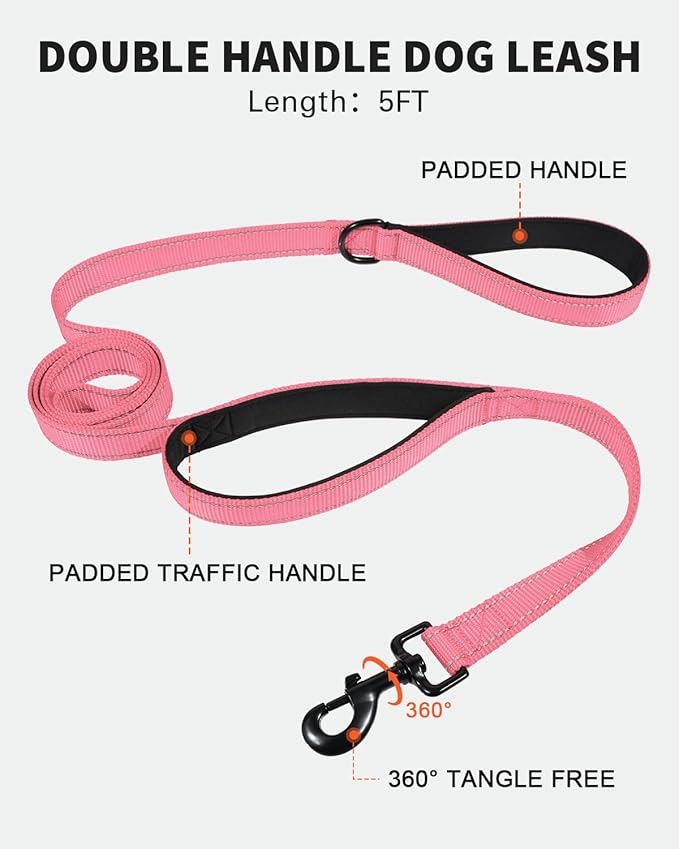 FunTags Reflective Martingale Collar for Dogs, Quick Release Buckle, 5FT Double Handle Dog Leash Padded, Dog Collar and Leash Set, Adjustable for Medium Dogs (BabyPink, M)